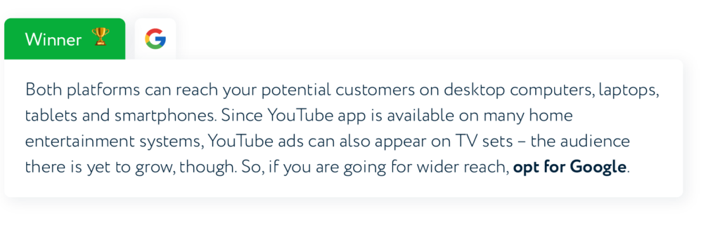 Both platforms can reach your potential customers on desktop computers, laptops, tablets and smartphones. Since YouTube app is available on many home entertainment systems, YouTube ads can also appear on TV sets - the audience there is yet to grow, though. So, if you are going for wider reach, opt for Google.